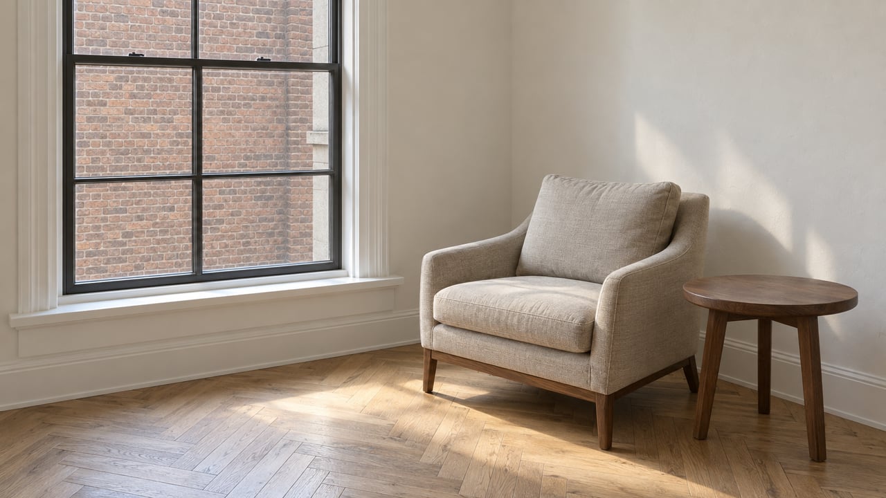 Daylit living-room corner with a tall black-framed window, linen chair, walnut table and pale oak herringbone floor.