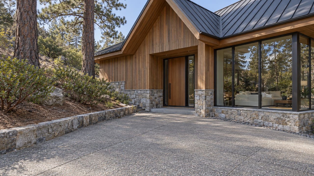 Timber-and-stone home with a sloping concrete approach, glazed living room and mature pines.