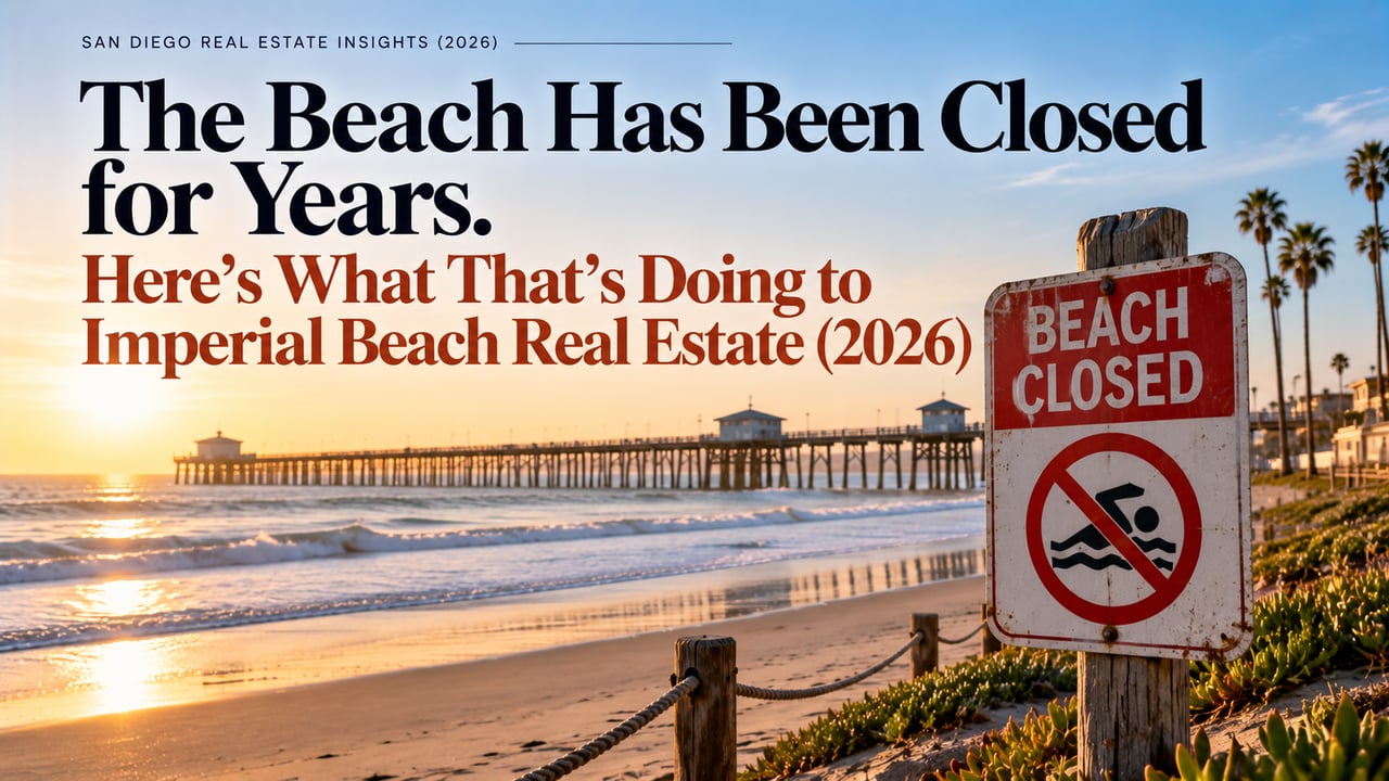 Blog graphic: “The Beach Has Been Closed for Years. Here’s What That’s Doing to Imperial Beach Real Estate (2026),” over a beach scene.