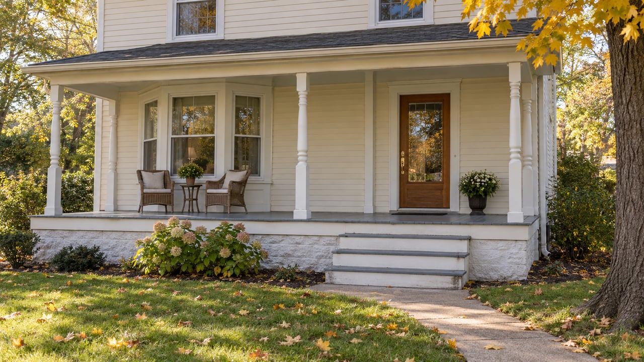 Older ivory clapboard house with a covered porch, three steps, and a narrow concrete path across the lawn.