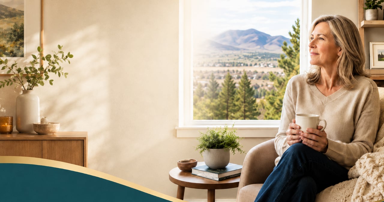 Woman holding coffee by a window with Prescott mountain views in a cozy home