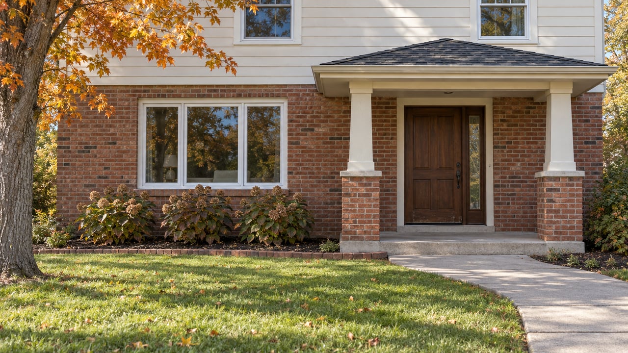 Brick and cream-sided home with a covered entry, a deep lawn, oakleaf hydrangeas and orange sugar maple foliage.