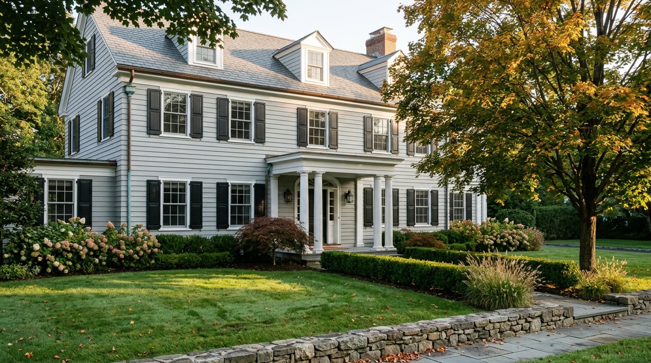 Gray Colonial Revival house with columned porch, deep lawn, and maple shadows.