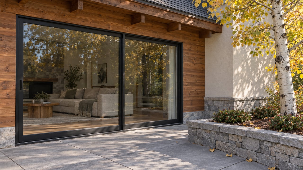 Warm cedar siding and black-framed terrace glazing beside a limestone planter with a golden-leaved aspen.