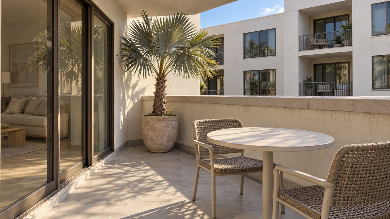 Covered condominium terrace with pale stucco, bronze-framed glass doors, two woven chairs and a silver thatch palm.