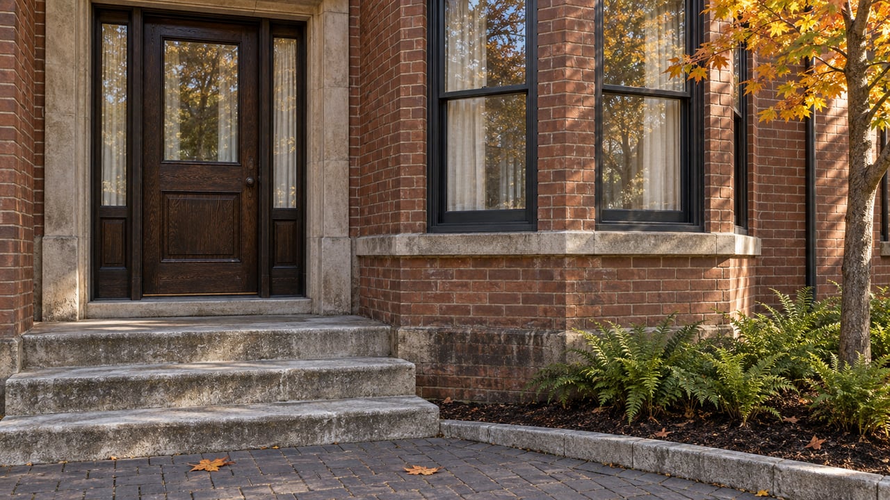 Red-brick building entrance with a dark wood door, stone steps, and autumn leaves.