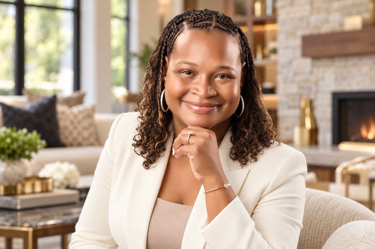Markisha Compton, real estate agent, in a white blazer