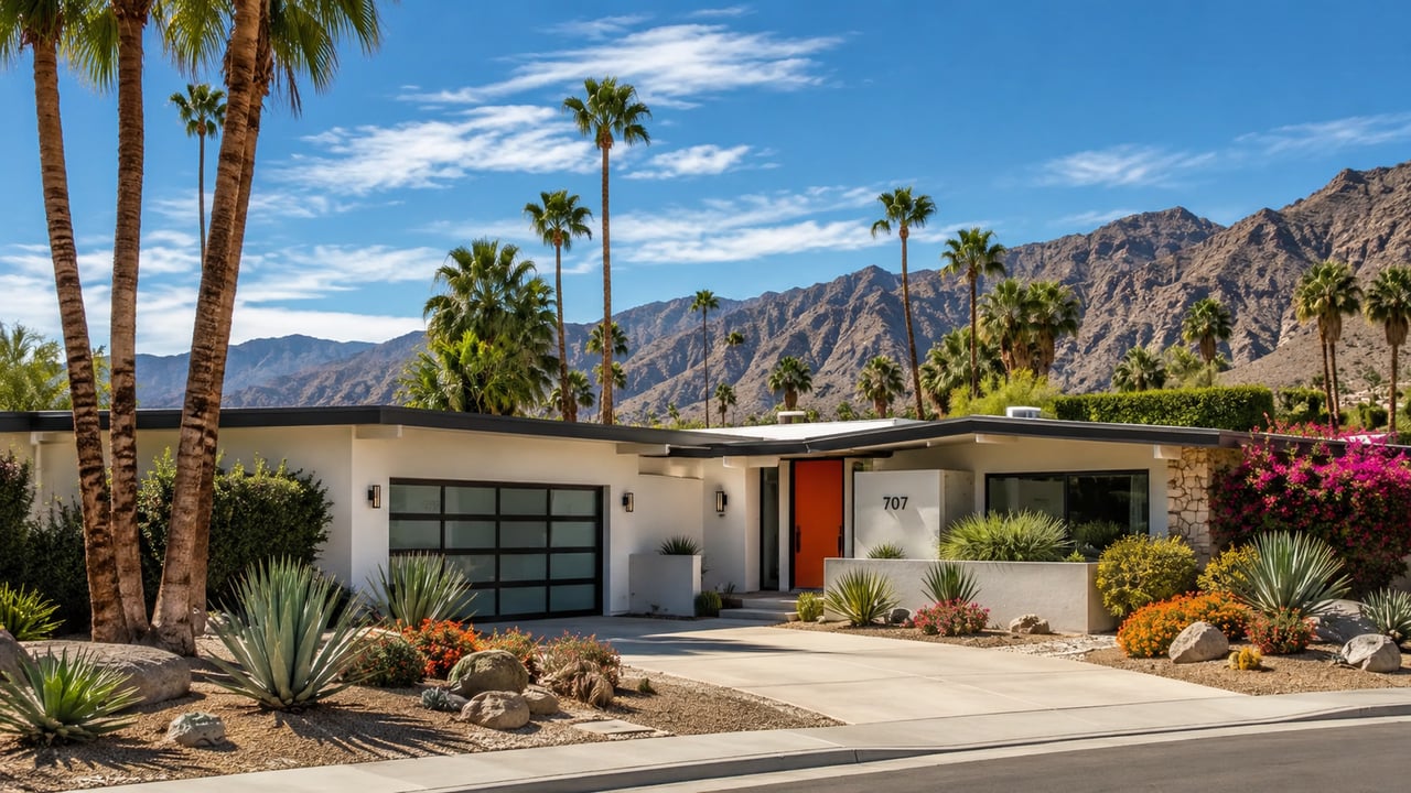 Renovated Rancho Mirage home with modern exterior finishes and desert landscaping