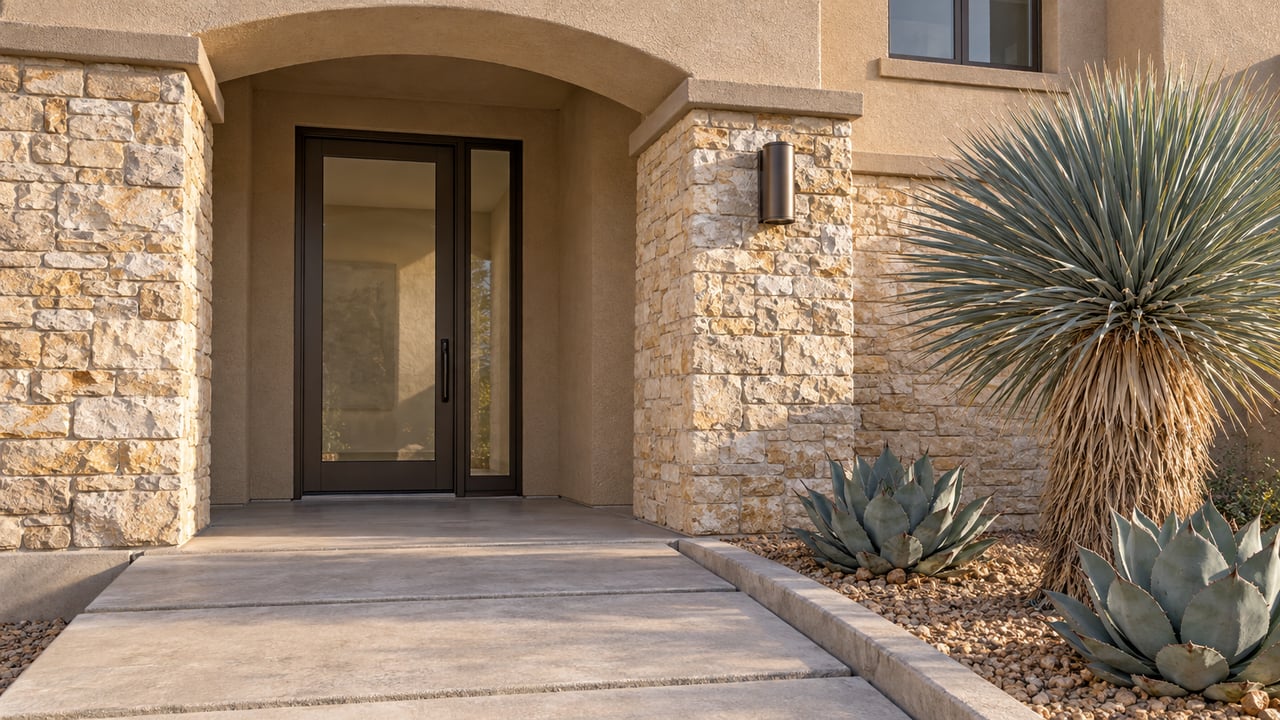 A sunlit stucco arch and limestone entry frame a bronze glass door beside sculptural yucca and agave planting.