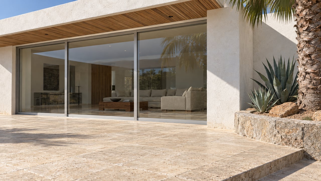 Sunlit limestone terrace beside a white stucco villa with closed sliding glass doors, warm timber soffit and a stone planter containing a palm and two agaves.