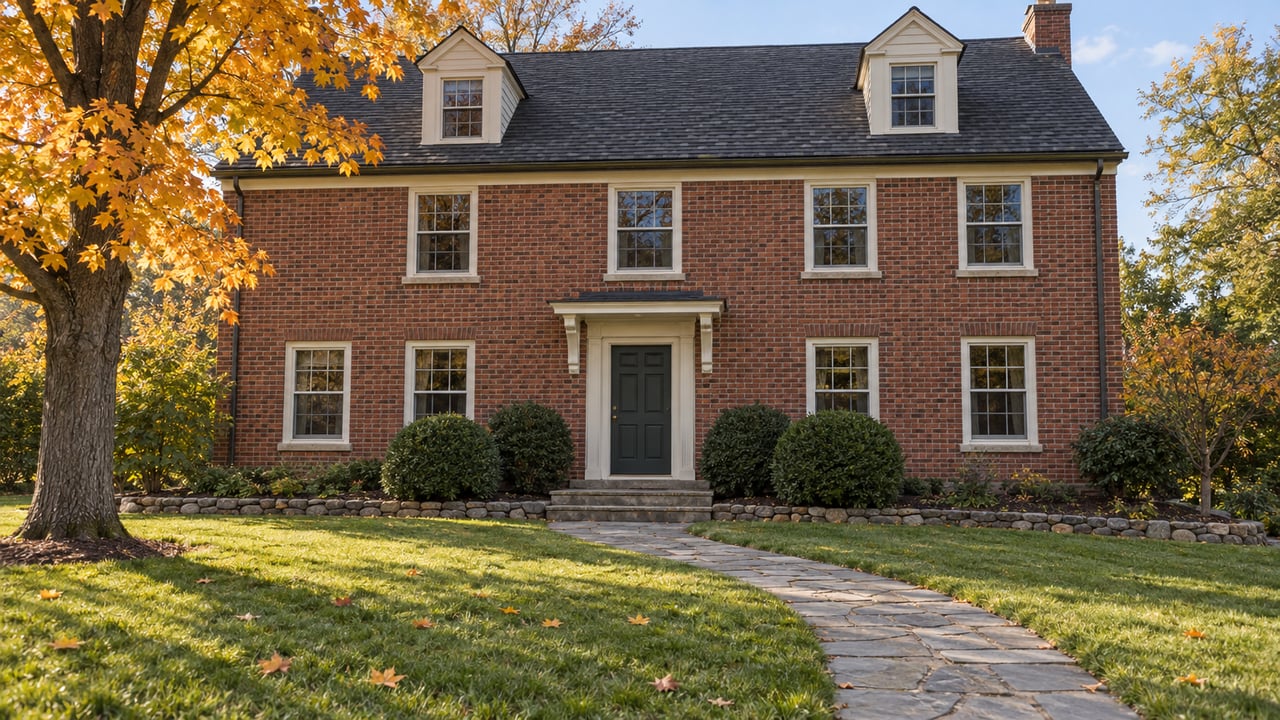 A red-brick house with white-trimmed windows, a gray stone approach and a broad lawn beneath a gold-orange maple.