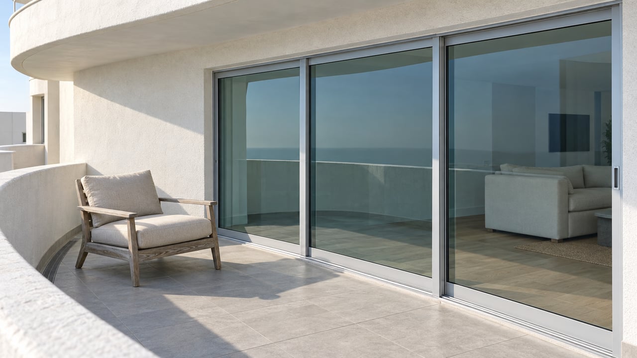Sunlit condominium terrace with curved white concrete, blue-green sliding glass doors and a weathered teak lounge chair.