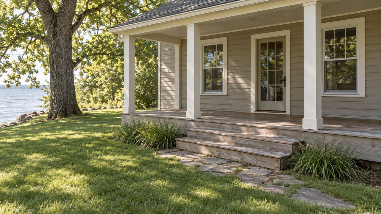 Older cottage with covered porch, flagstone path, oak canopy, and water visible beyond the lawn.