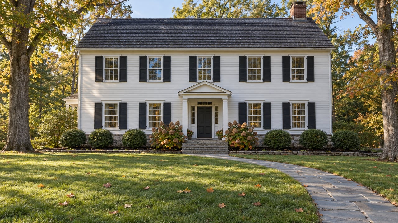 White clapboard house with black shutters, a fieldstone foundation and a bluestone walk across a broad lawn beneath early-autumn maple trees.