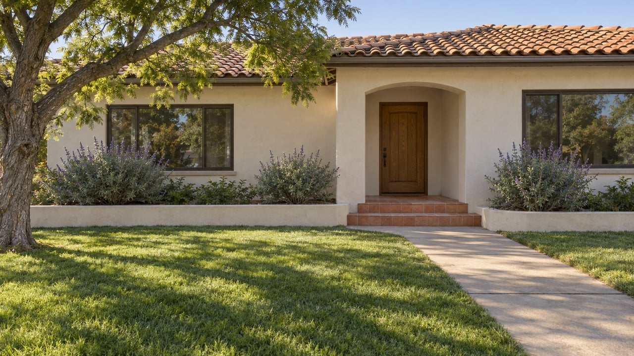 Cream stucco home with a terracotta roof, recessed oak entry, deep green lawn, and a mature jacaranda in morning sunlight.
