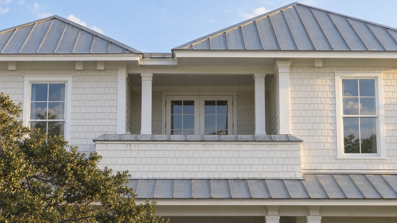 White shingled beach house with a recessed balcony, divided-light windows and softly weathered silver metal roofs.