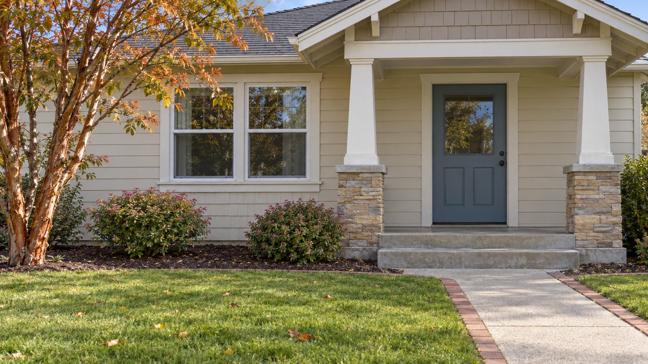 Beige house with a covered porch, blue-gray door, stone column bases, and autumn leaves.
