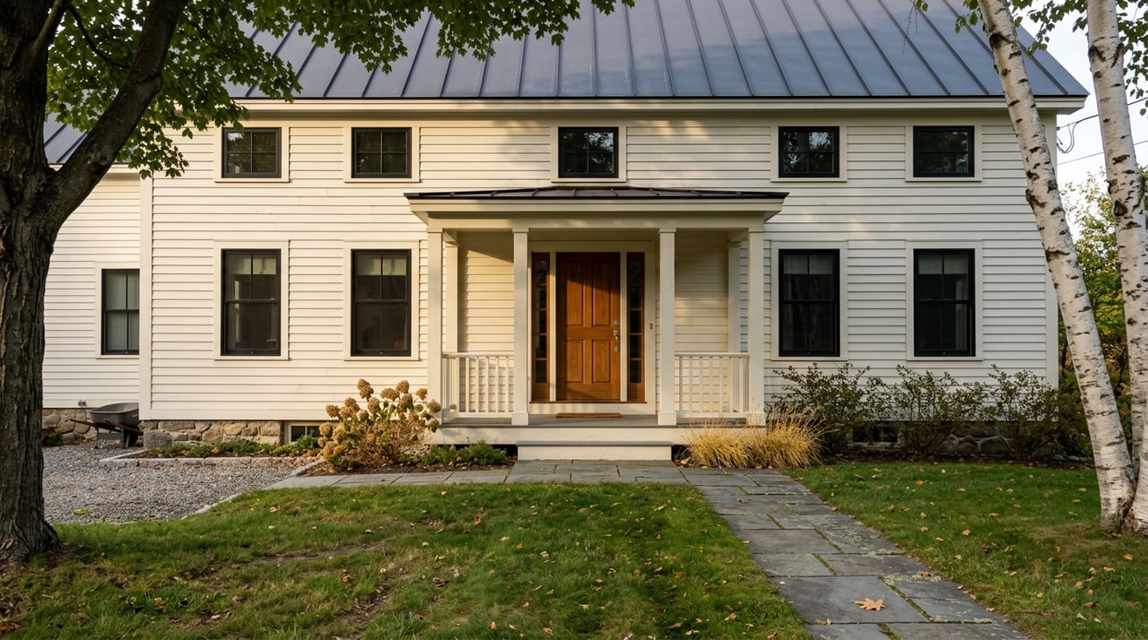 Wide view of a farmhouse exterior in a small hamlet.