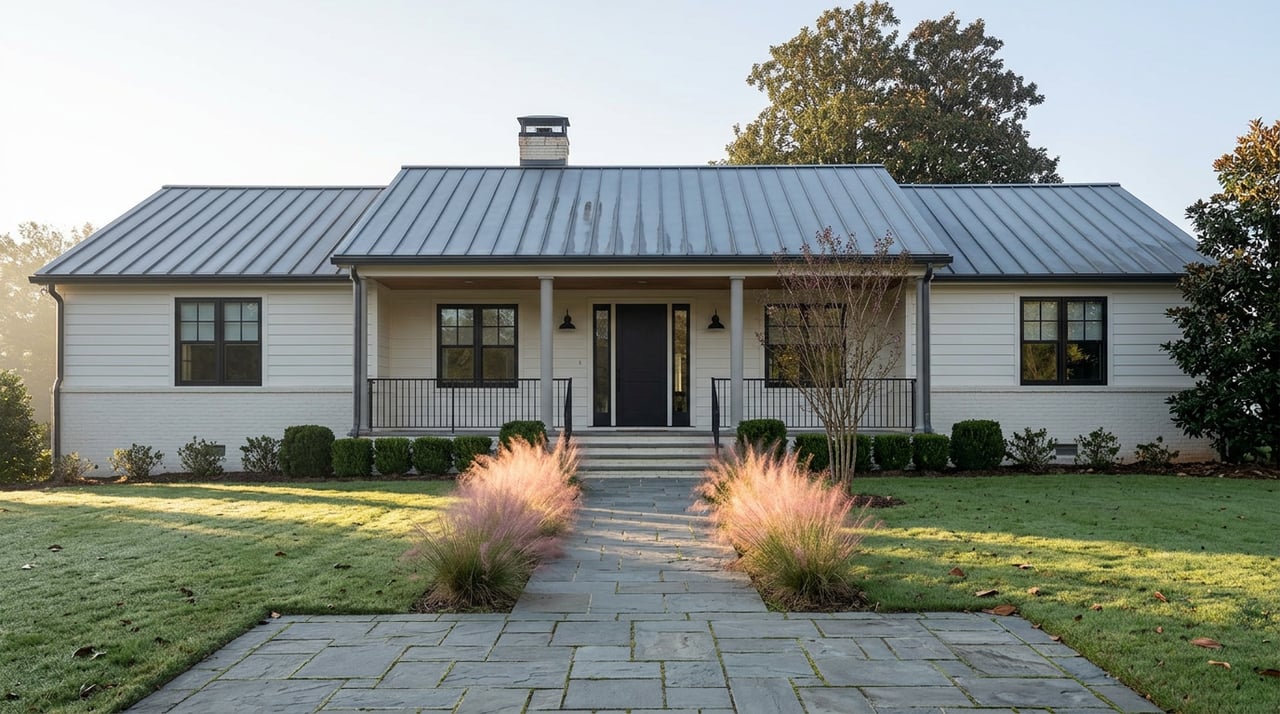 Updated-transitional house with a wide porch, black windows, and a magnolia tree on a broad lawn.