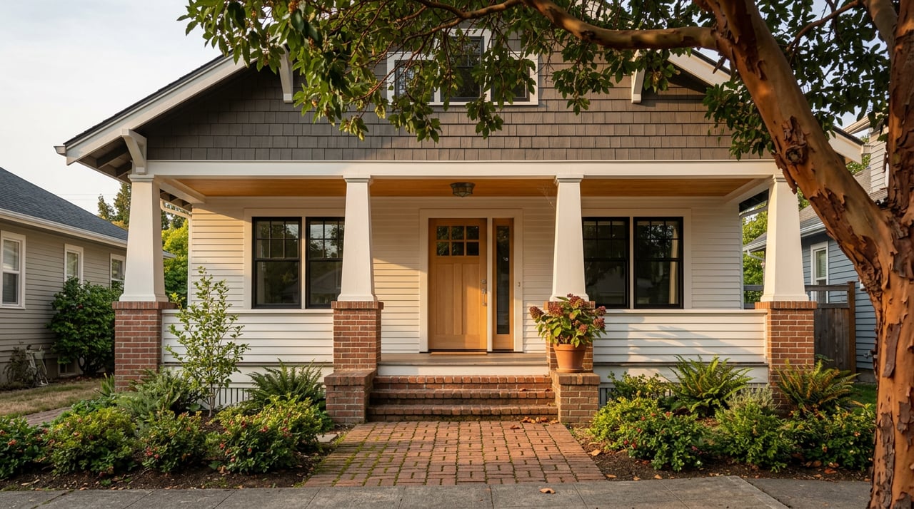 Craftsman porch beneath a broad madrone canopy, with a brick path and white oak door.