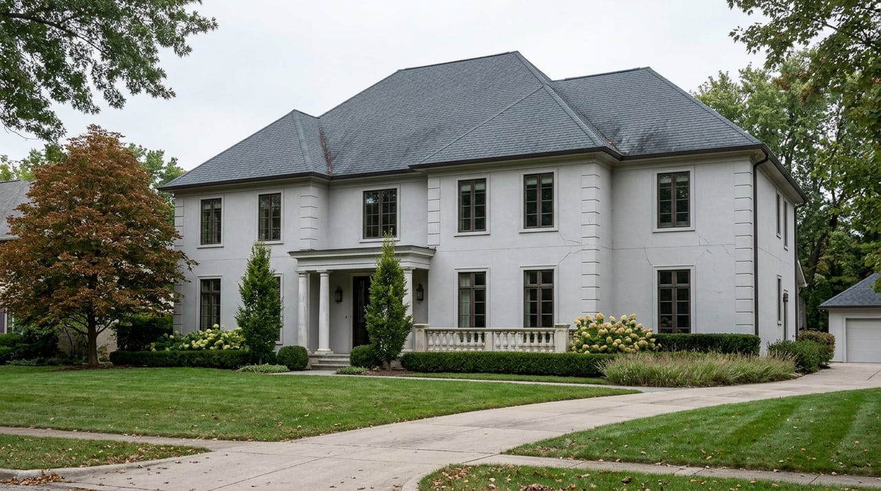 Light-gray stucco house with a hipped roof and dormers, set behind a broad lawn beneath autumn trees.