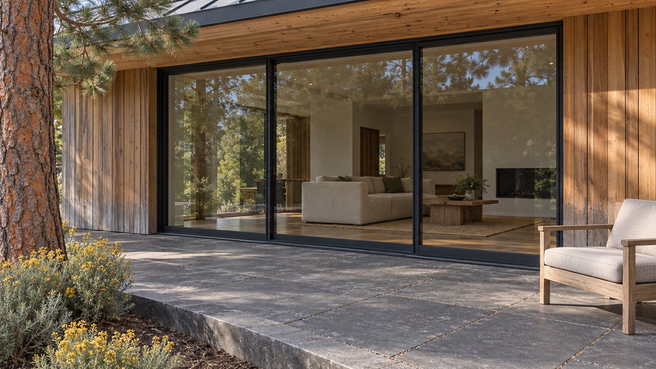 A contemporary home's covered terrace with basalt paving, cedar siding, closed glass doors and a teak chair beside a recessed flowering planting bed.