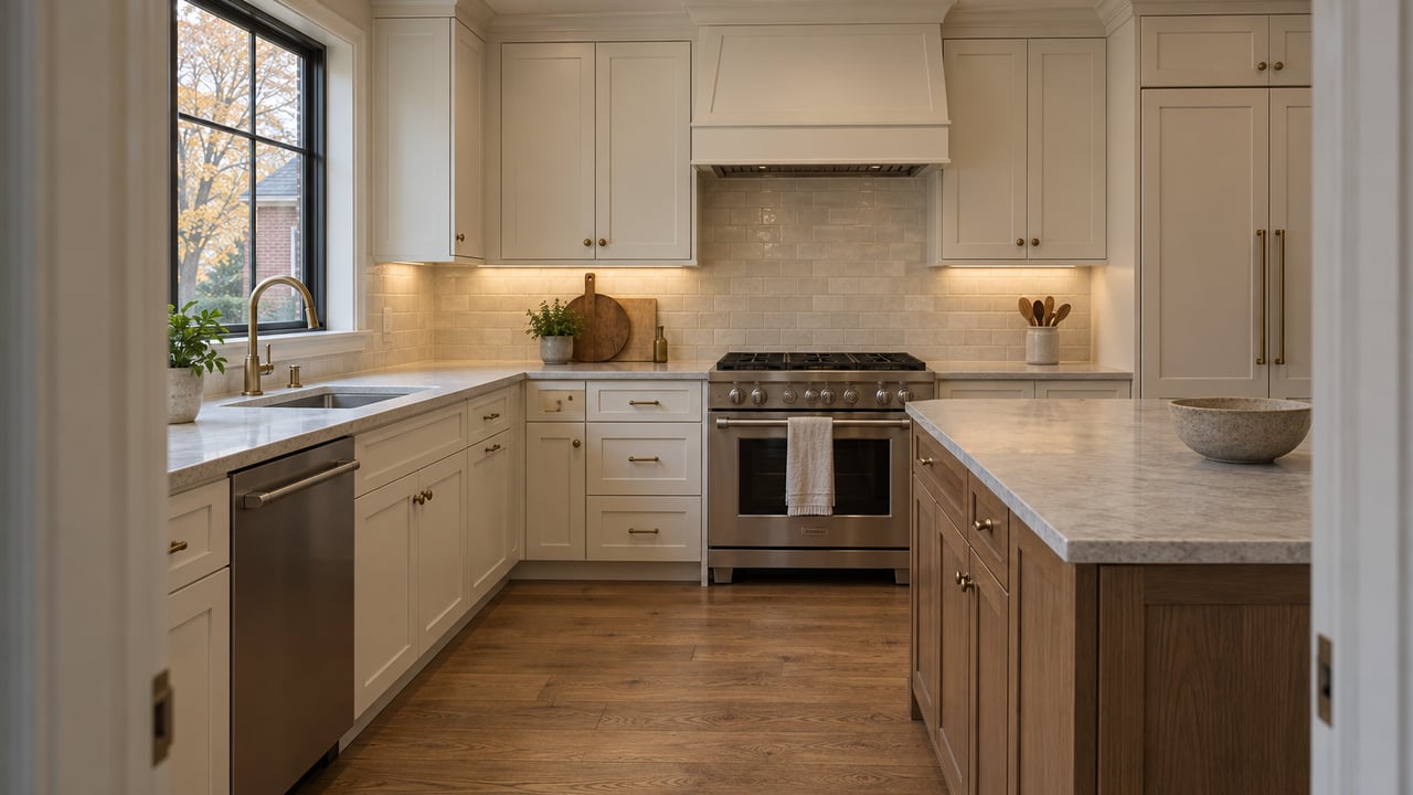 An inviting home kitchen with warm-white cabinetry, an oak island, cream tile and autumn daylight through a closed window.