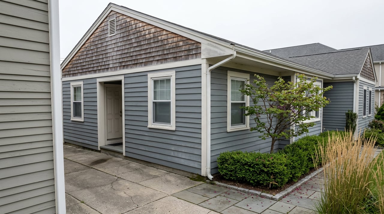 Slate-gray attached house with a cedar-shingled gable, redbud tree, boxwood hedge, and narrow paved side yard.