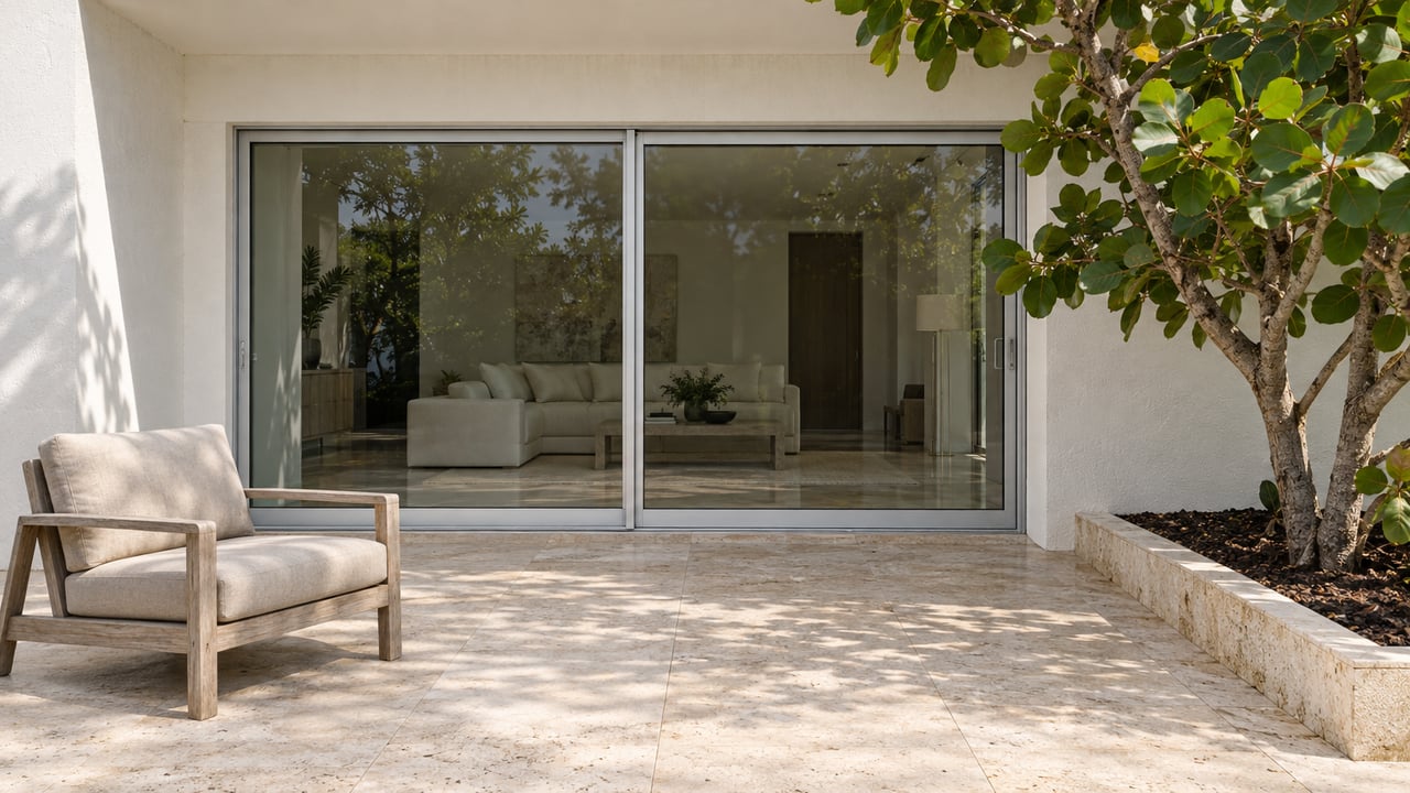 White stucco residence with closed sliding glass doors, pale limestone terrace, a teak lounge chair, and a sculptural sea grape tree in a raised bed.