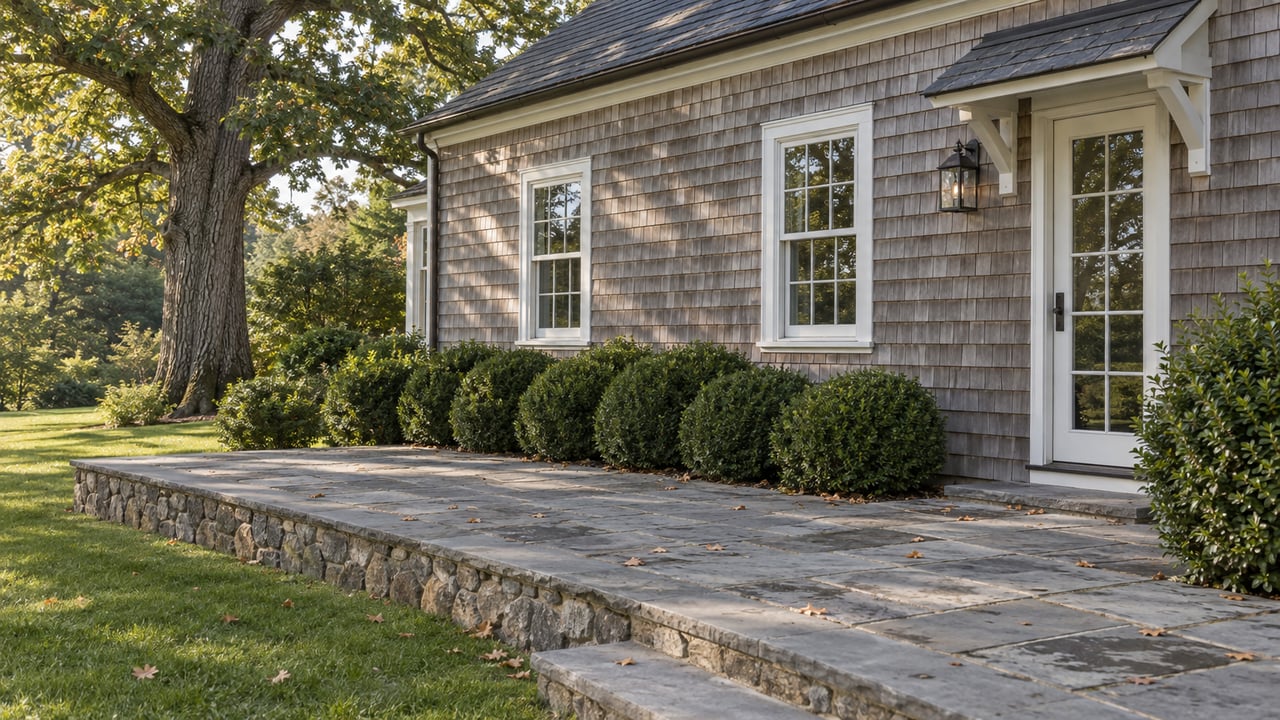 Cedar-shingle house beside a bluestone terrace, with an oak tree, clipped boxwood, and broad lawn.