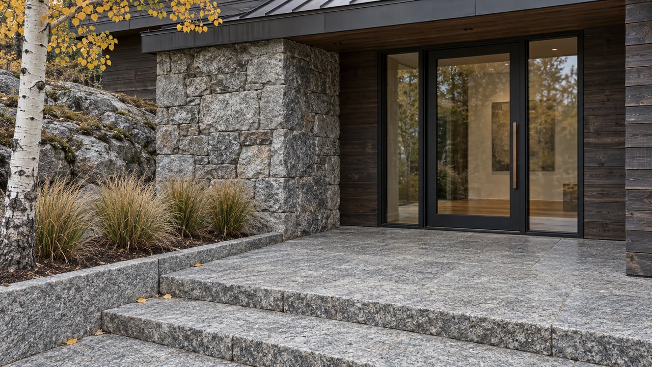 Granite entry steps lead to a dark cedar and glass home beside a golden-leaved aspen.