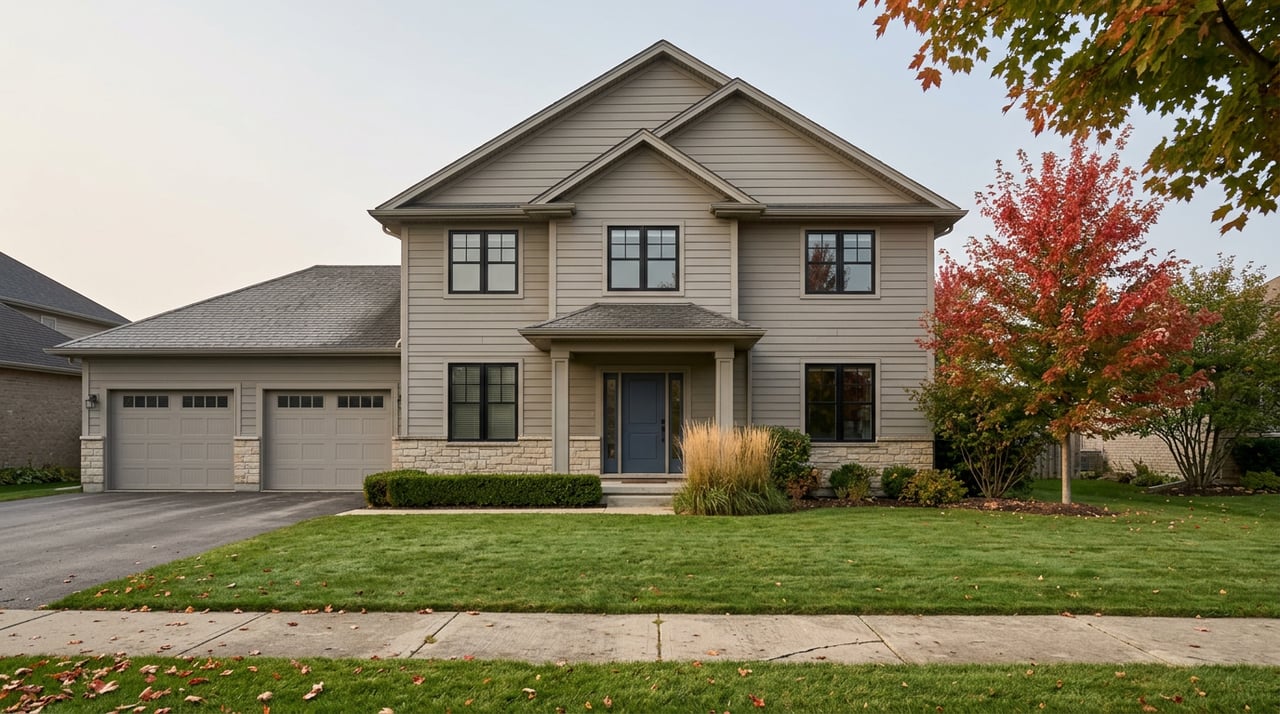 Two-story dove-gray home with a stone base, navy entry door, three-bay garage, and maple turning scarlet at the tips.