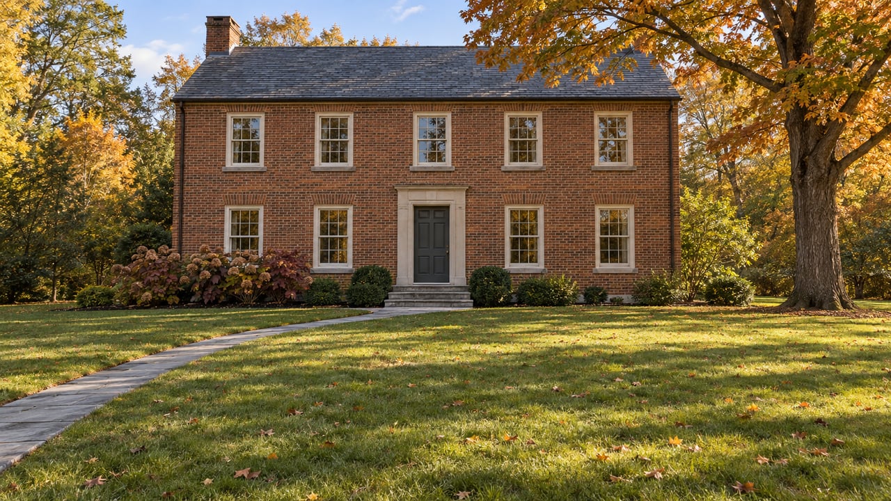 Red-brown brick home with a slate roof, broad front lawn, granite entry steps and an amber autumn maple.