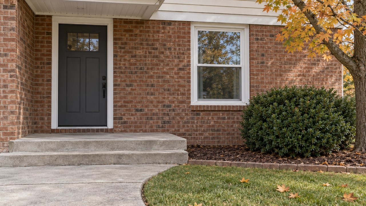 Close view of a brick home's charcoal front door, white-trimmed window and concrete steps beside thinning amber maple branches.