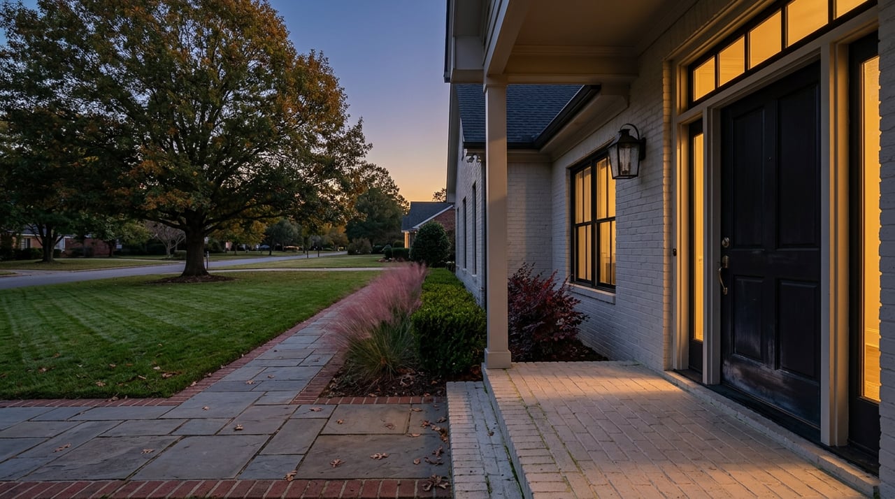 Warm light spills from a black front door onto a flagstone walkway through a lawn at blue hour.