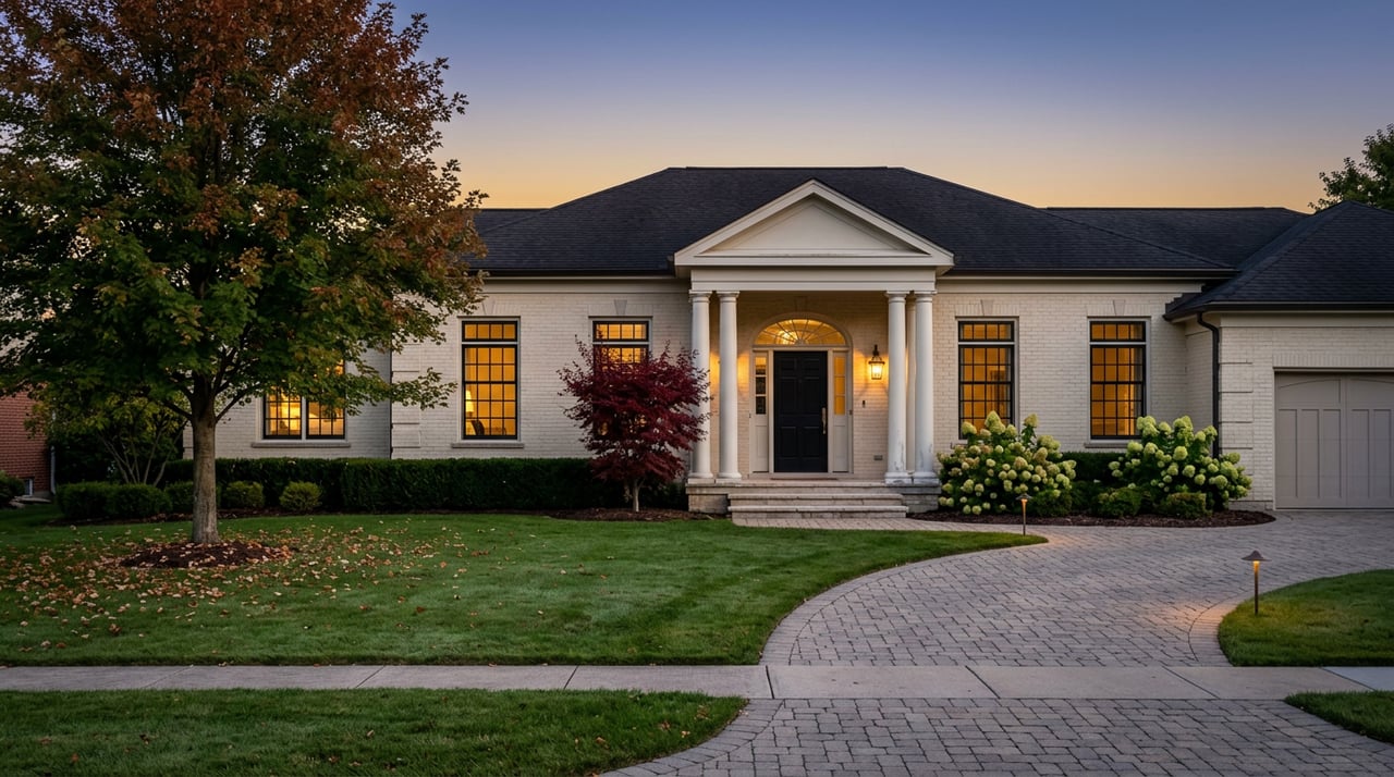 Cream-brick house with columns, glowing windows, curved paver driveway, and autumn trees at dusk.