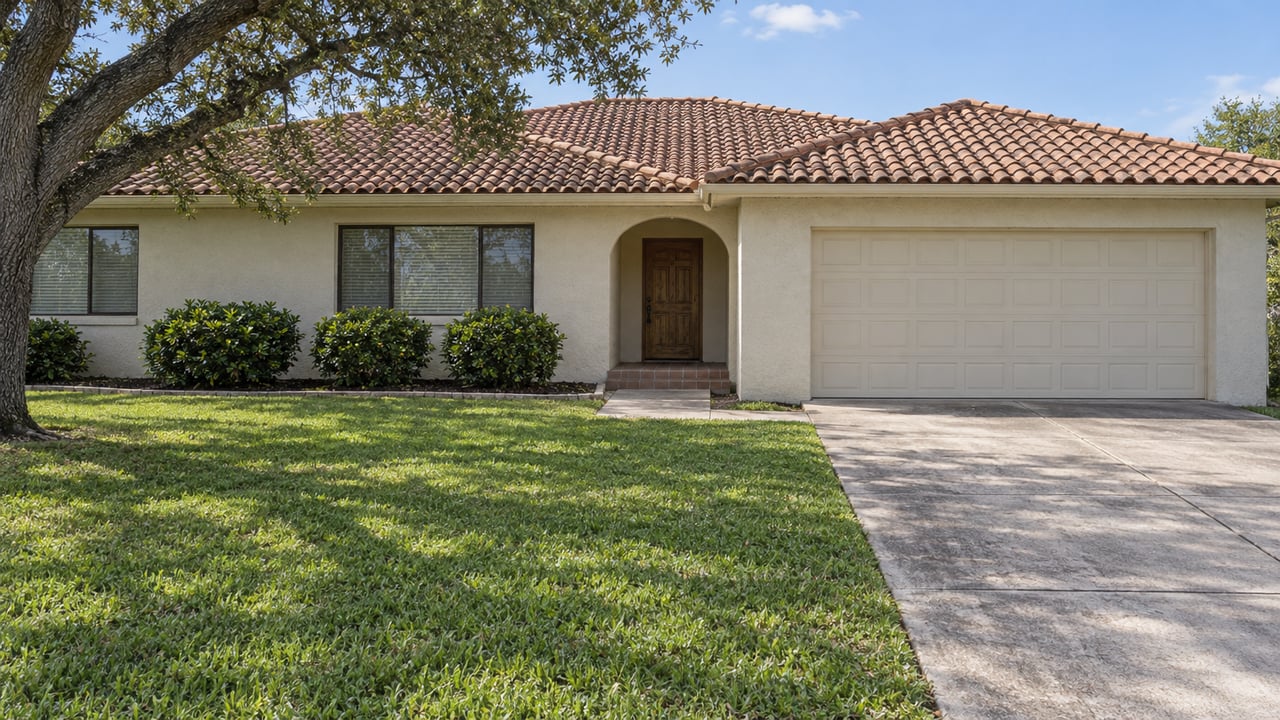 Single-story stucco home with a clay tile roof, broad front lawn, live oak and concrete driveway in morning light.