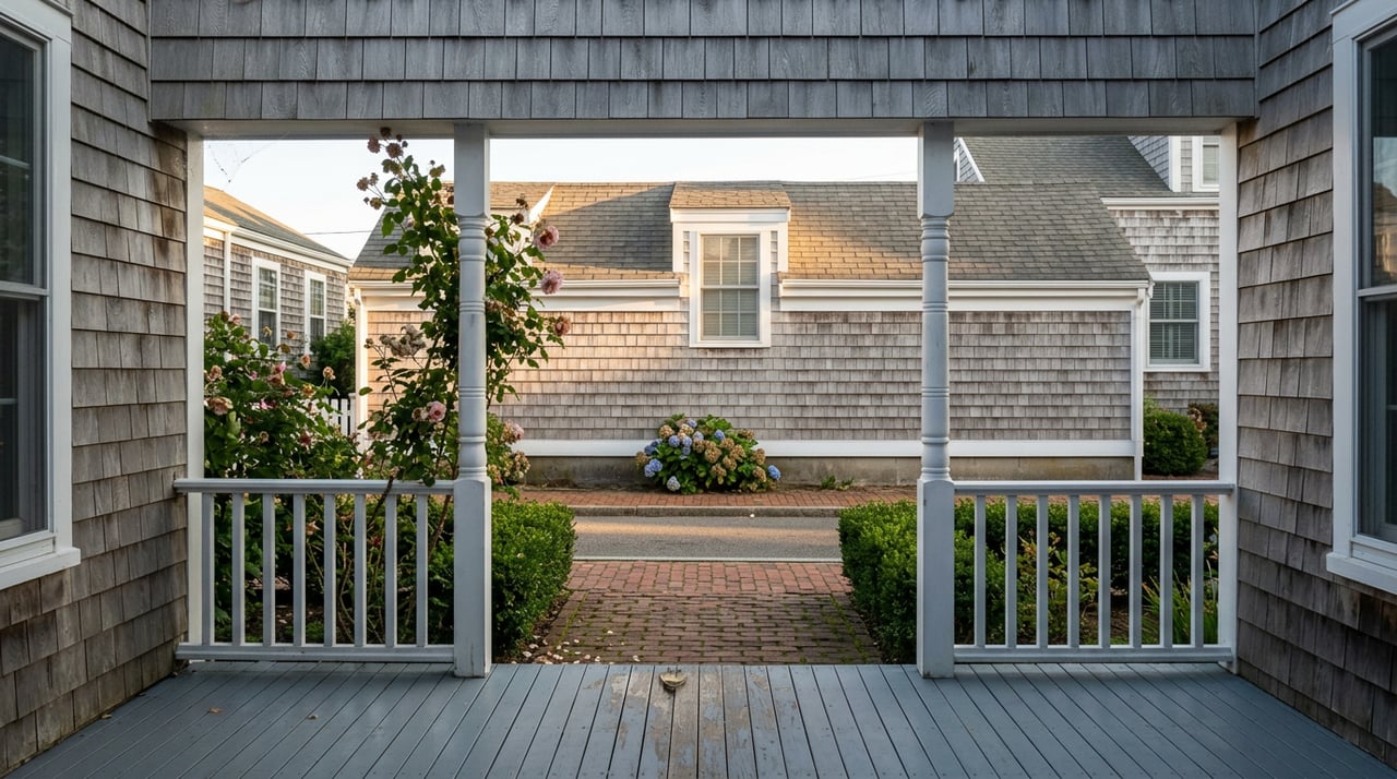 Covered porch frames a close shingle-style house across a brick walkway, with climbing roses and fading hydrangeas.