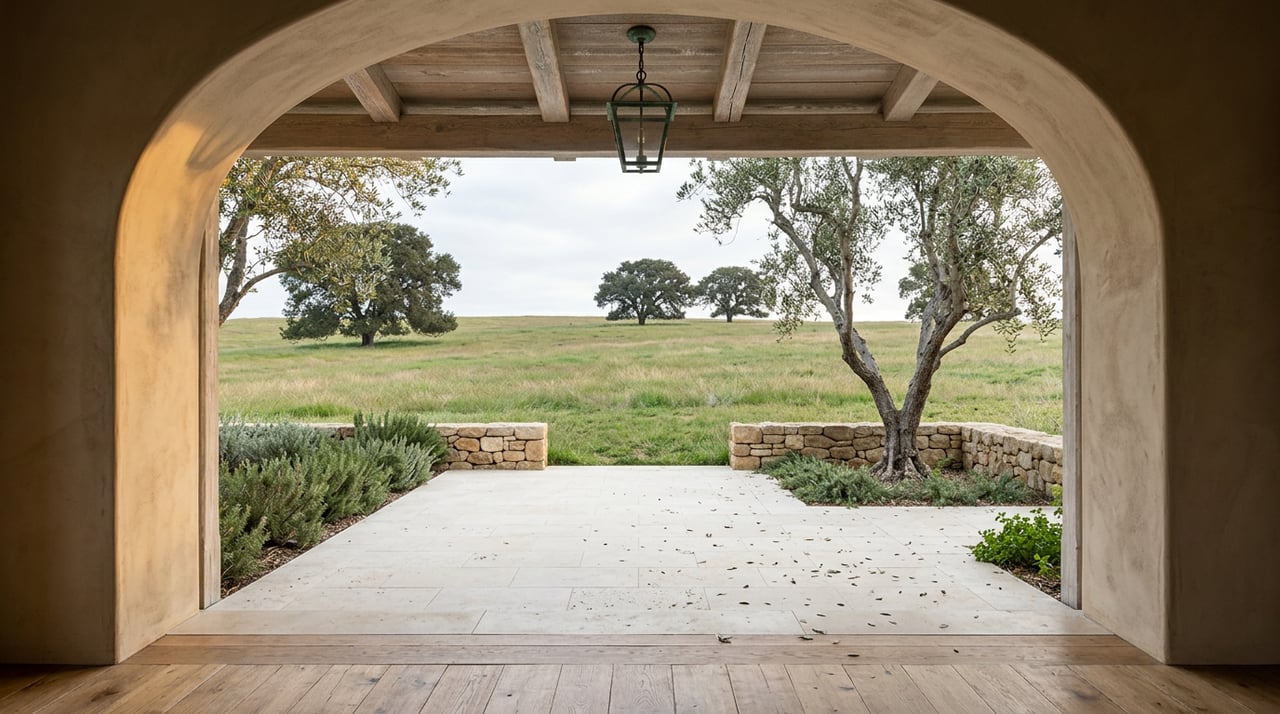 Stucco archway frames a limestone terrace, olive tree, and rolling grassland dotted with oak trees.