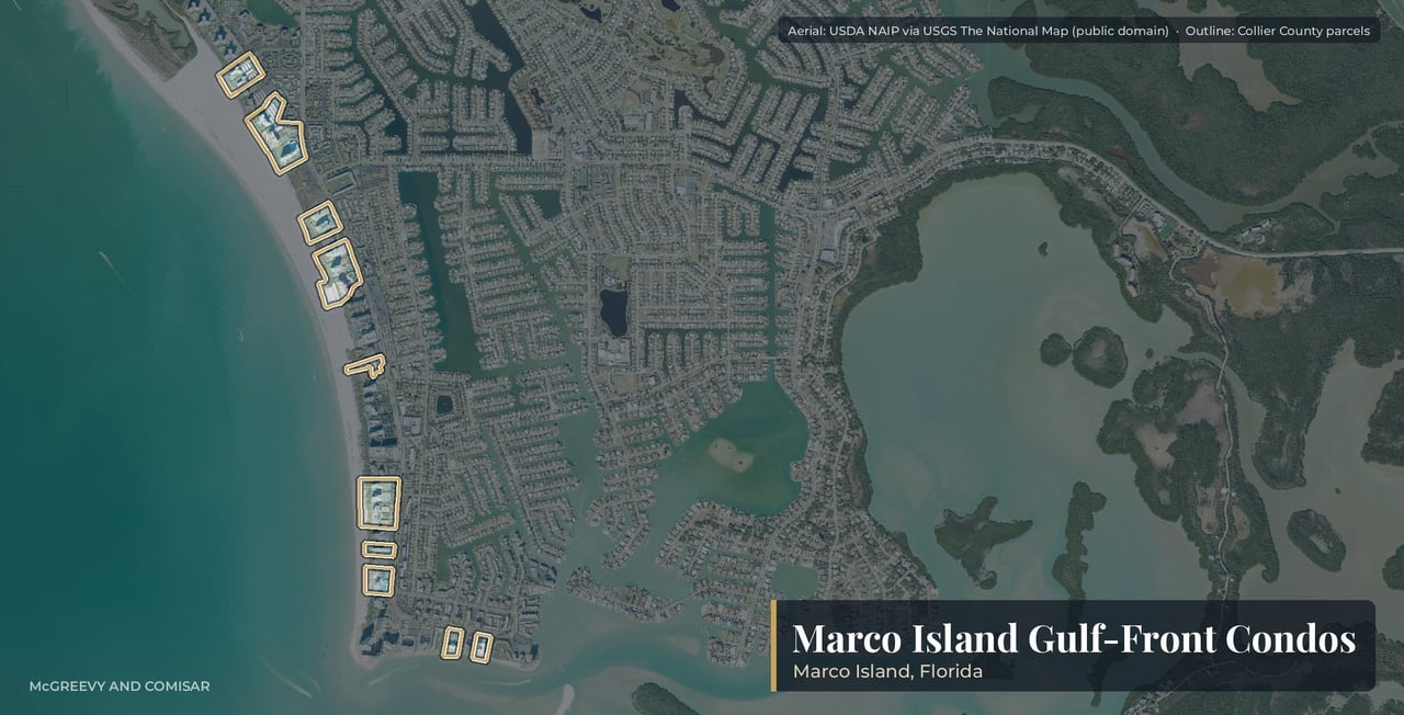 Aerial view of the gulf-front condominium towers along Collier Boulevard and Crescent Beach on Marco Island, Florida