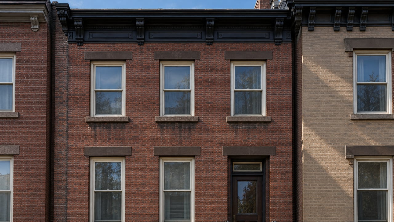 Three-story reddish-brown brick building with cream sash windows, a dark cornice and worn stone entry steps.