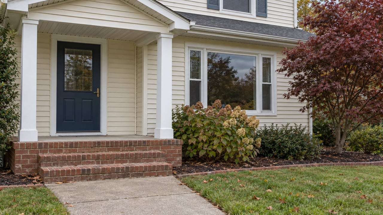 Cream-sided home with a navy front door, brick porch steps, a weathered concrete walk and autumn foliage.