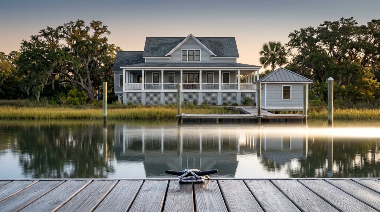 Elevated gray coastal home across a tidal inlet, with a dock, boathouse, marsh grass, and live oaks.