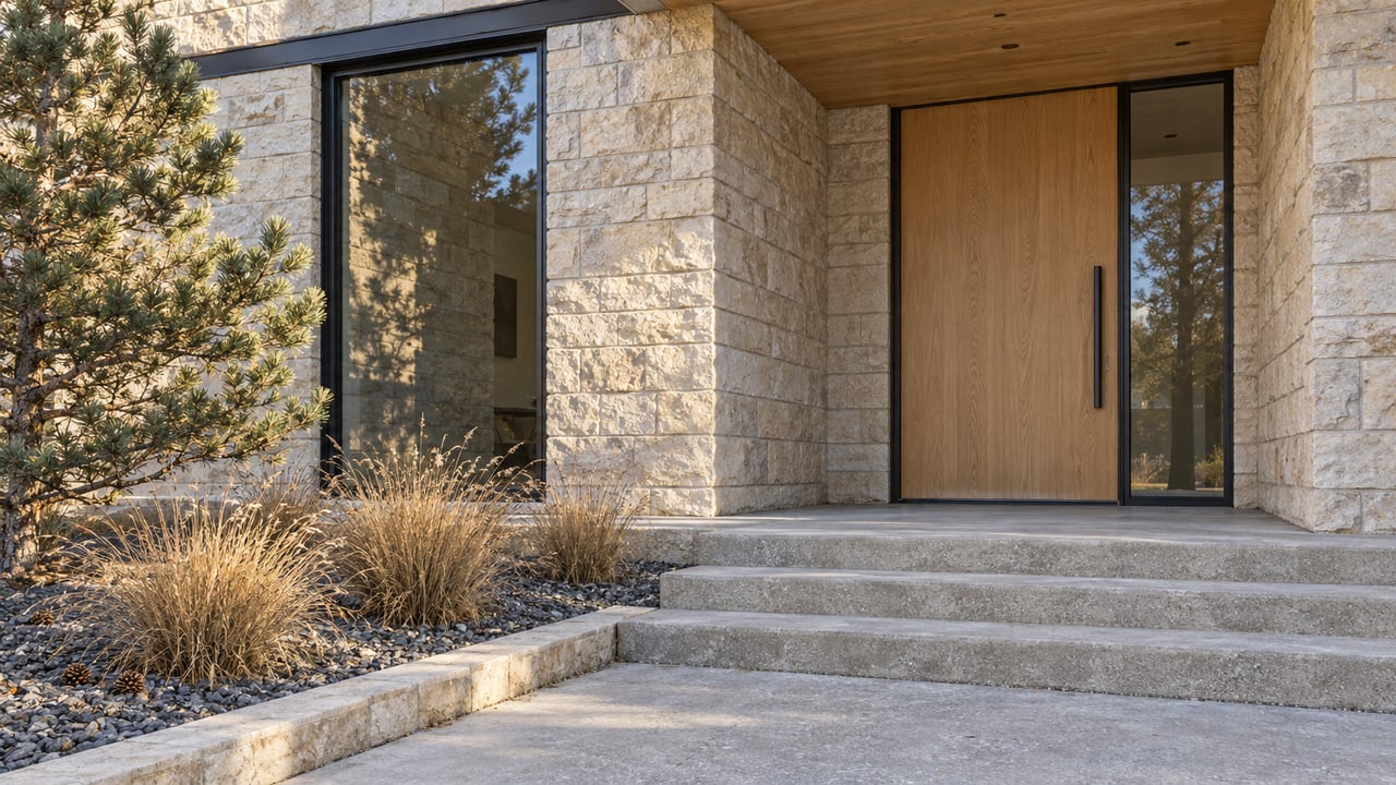 Cream limestone home entry with pale wood door, dark-framed glazing, broad concrete steps and dry ornamental grasses in late-fall sunlight.