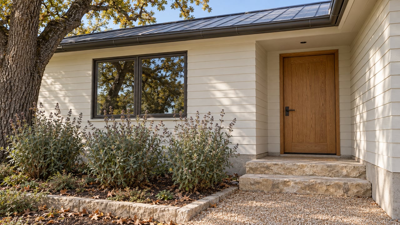 Cream wood-sided cottage with a dark-framed window, oak entrance door, limestone steps, and an oak-shaded garden.