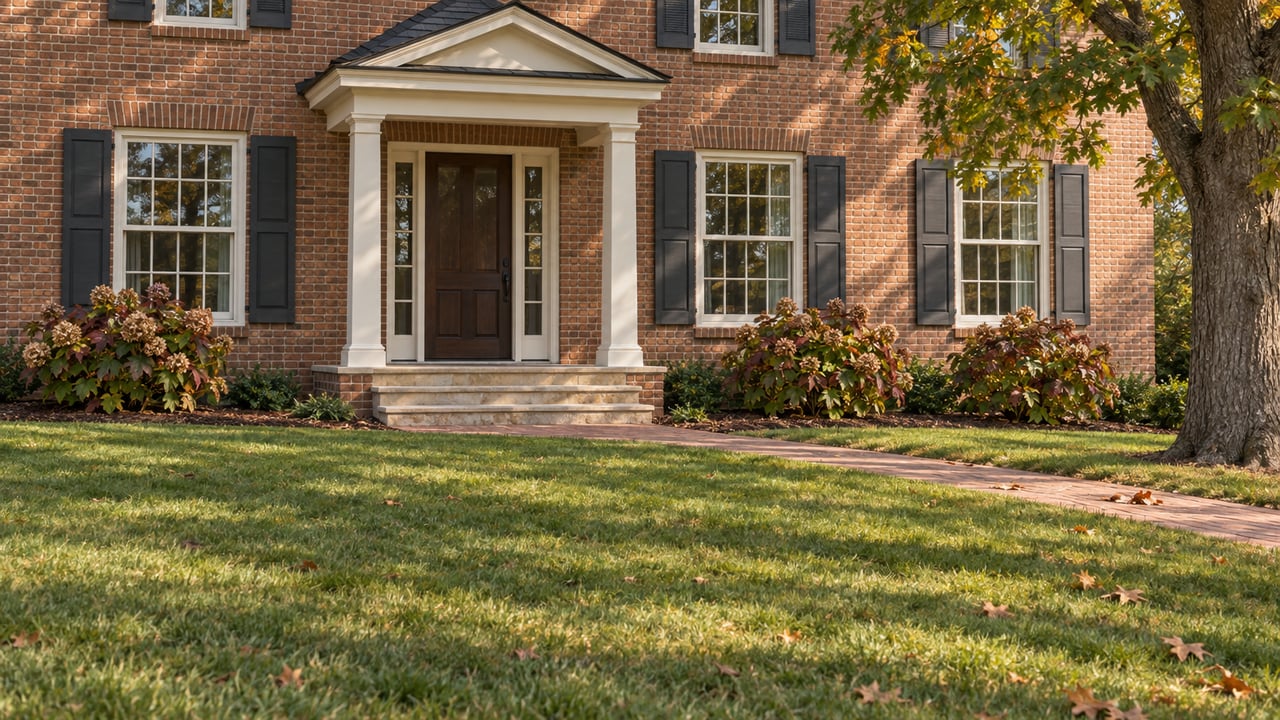 Red-brick house with a columned entry, dark shutters, and a lawn shaded by an autumn tree.