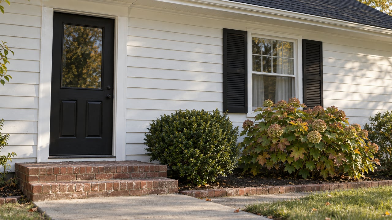White clapboard house with a black entry door, shuttered window, brick stoop, and narrow planted bed.