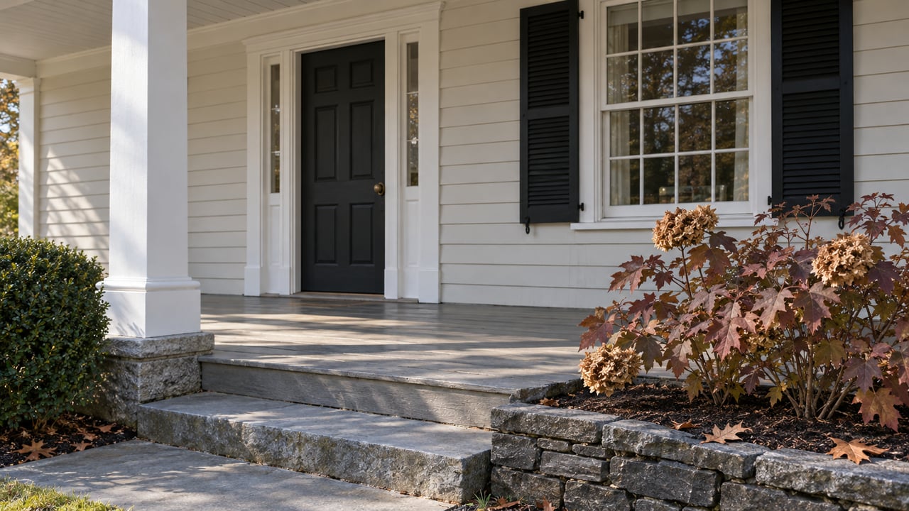 A pale clapboard home's sheltered porch with a dark front door, paired black window shutters, worn gray floorboards and autumn oakleaf hydrangea.