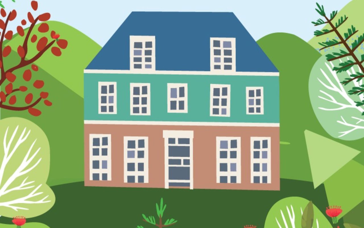 Illustrated multistory house surrounded by green hills, flowering trees, and spring foliage.
