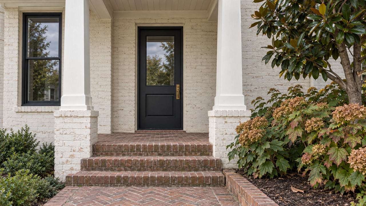 A painted-brick home with a covered stoop, dark glazed entry door, worn brick steps and magnolia and oakleaf hydrangea planting.